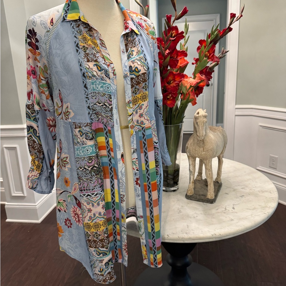 Johnny Was Light Blue Multicolor Patchwork Button-Front Top